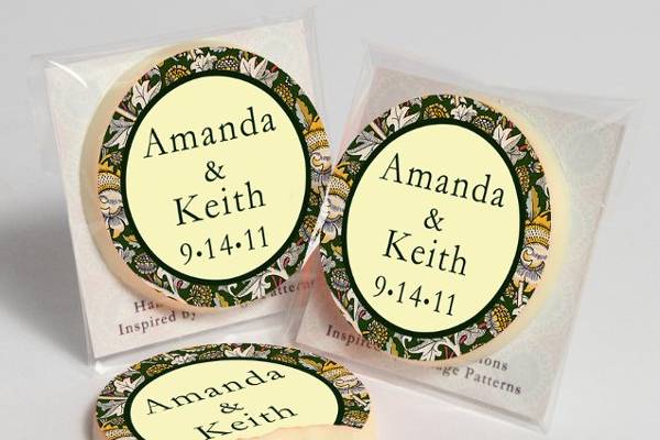 Individually-wrapped custom chocolate disk available in milk, dark, or white chocolate (shown here).