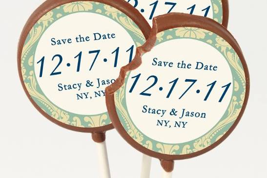 Announce your date tastefully with these delicious chocolate Save the Date lollipops.  Available in milk, dark, or white chocolate.