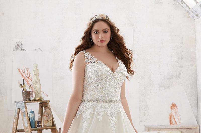 Michelle, Style 3214	Frosted Venice Lace Appliqués Adorn the Bodice of this Beautiful Chiffon Wedding Gown. A Diamanté Beaded Waistband Accents the Natural Waist and Adds the Perfect Touch of Sparkle. Colors Available: White, Ivory, Ivory/Coco. Shown in Ivory/Coco.