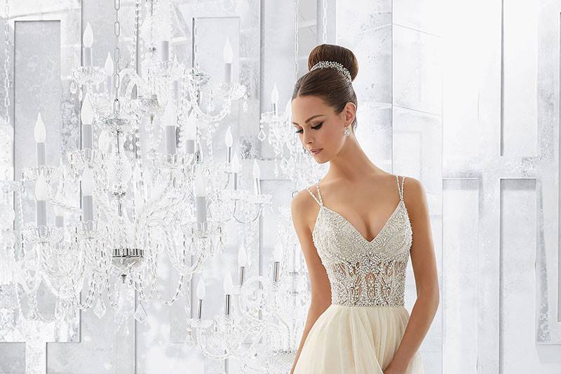 Misty, Style 5565	Soft and Ethereal, Silky Net Soft Ball Gown Features a Dazzling Crystal & Diamanté Beaded Sheer Bodice with Boning. Delicate Double Back Straps. Lining Included. Available in: White, Ivory, Champagne.