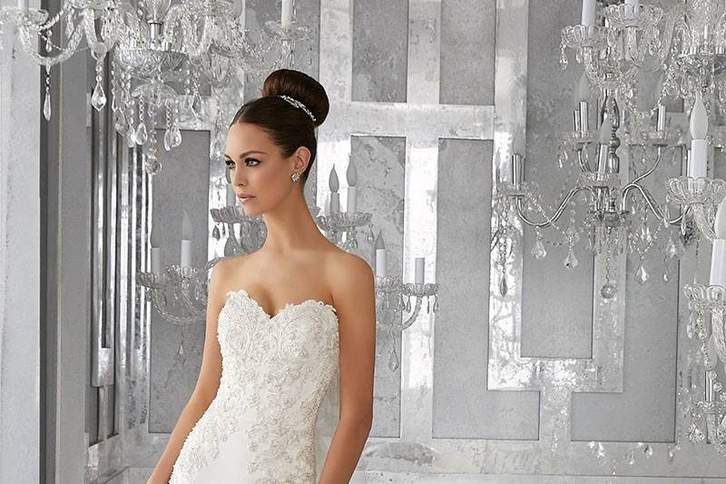 Marris, Style 5575	A Crystal Beaded, Embroidered Appliqués Take this Peau de Soie Wedding Dress. Removable Lace Appliquéd Shoulder Straps. Shown with Detachable Tulle Train (not included). Colors Available: Ivory.