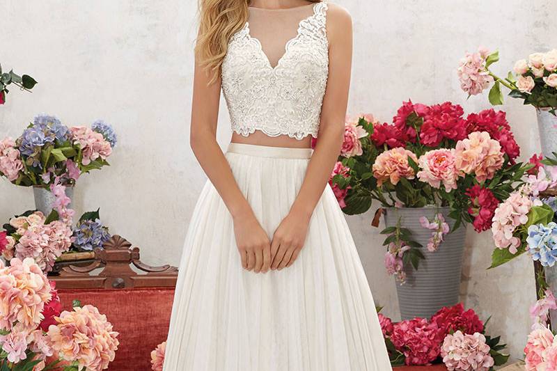 Melina, Style 6856	Perfect for the Boho Bride, This Two-Piece Wedding Dress has a Crystal Beaded, Embroidered Bodice with Soft Net Skirt. Illusion Back. Available in: White, Ivory, Light Gold.
