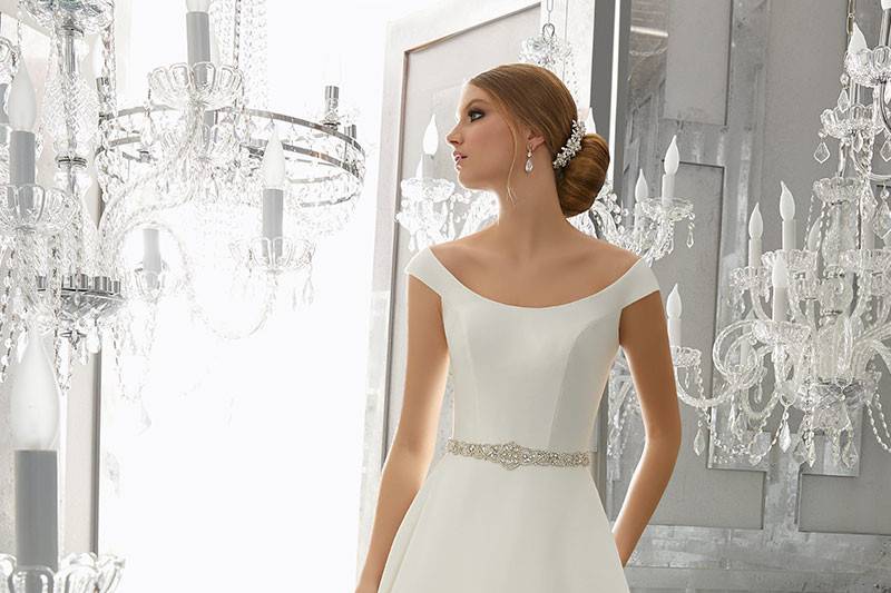 Marquesa, Style 8179	Classic & Chic, This Marcella Satin A-Line Wedding Dress Features an Elegant Off-the Shoulder Neckline and Removable Diamanté Beaded Belt. Belt Style #11261. Available in: White, Ivory.