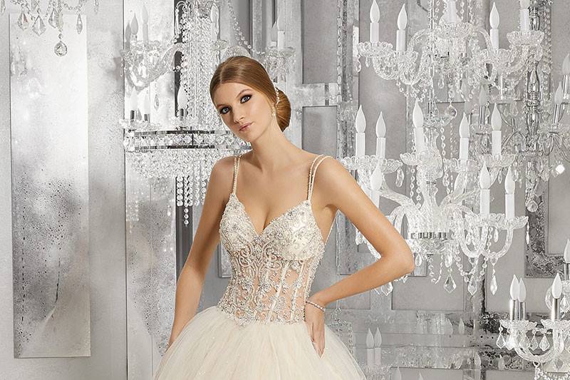 Midori, Style 8194	Bridal Ballgown with a Crystal Beaded Embroidered Bodice on a Tulle Skirt Over Sequined Net. Sheer Bodice with Boning & Double Back Straps. Lining Included. Available in: White, Ivory, Light Gold.