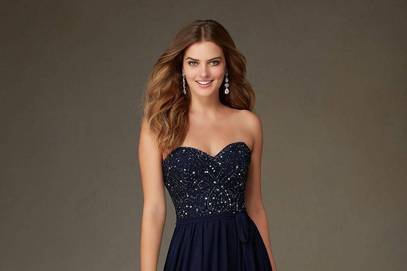 Style 20474	Elegant Long Flowy Chiffon Morilee Bridesmaid Dress with Beaded Bodice and Sweetheart Neck. Available in 13 colors.
