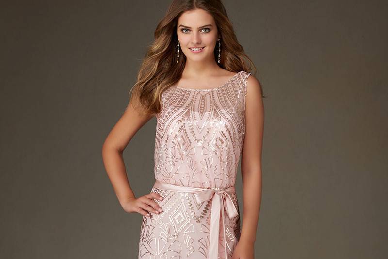 Style 20478	Patterned Sequin on Mesh Metallic Morilee Bridesmaid Dress. V Back. Available in Champagne, Blush, Navy, and Taupe. Matching Satin Tie/ Sash Included.