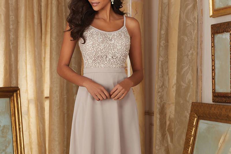 Style 20483	Morilee Chiffon with Beaded Embroidery Bridesmaid Dress. Scoop Neckline with Thin Straps. Available in 13 colors.