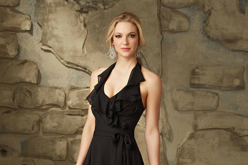 Style 20464	Full Length Luxe Chiffon Bridesmaid Dress with Ruffled V-Neckline and skirt, Designed by Madeline Gardner. Halter style. Matching Tie Sash. Zipper Back. Available in 15 colors.