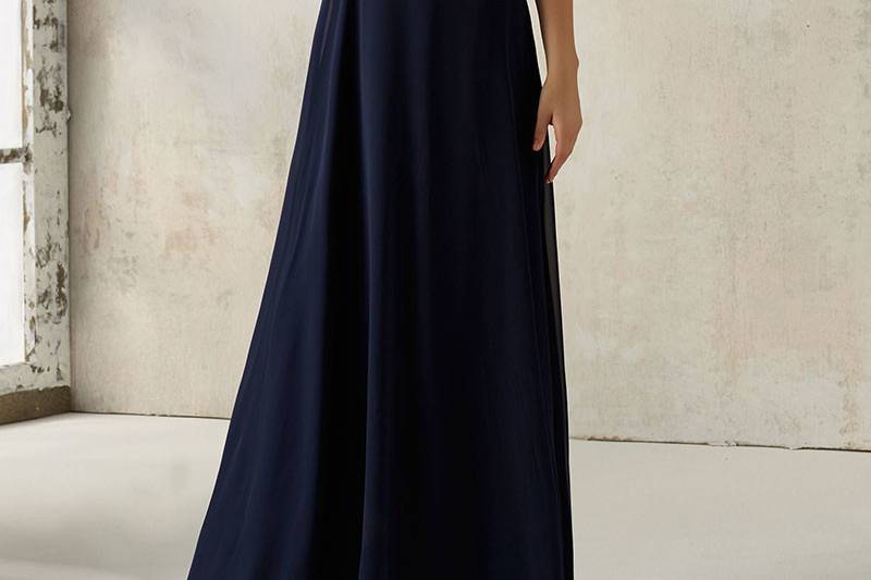 Style 21526	Delicate Beading Beautifully Accentuates the Lace Bodice on this A-Line Chiffon Bridesmaids Dress. Zipper Back. Shown in Navy. Available in 13 colors.