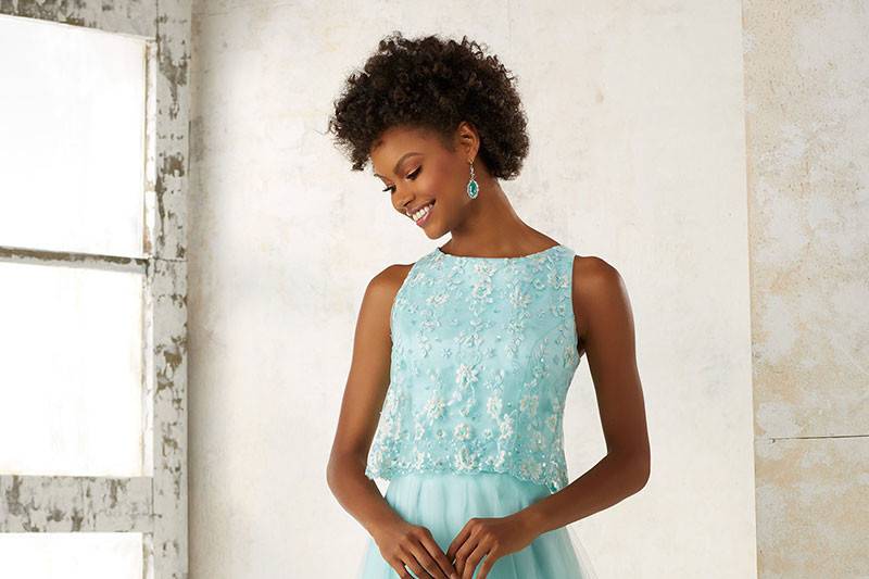 Style 21511	This Classic Tulle A-Line Bridesmaids Dress Features a Floral Embroidered Bodice Overlay with Delicate Beading. Zipper Back. Shown in Mint. Available in 11 colors.