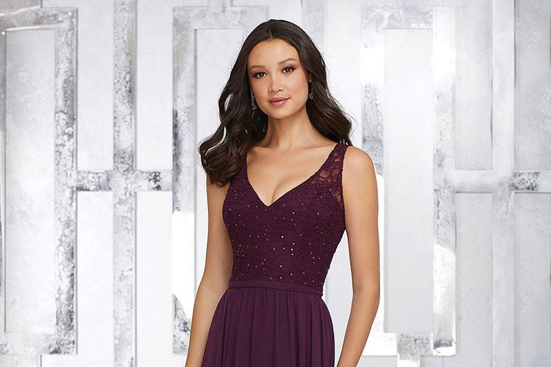 Style 21546	Chiffon A-Line Bridesmaids Dress with V Neck Beaded Lace Bodice and Keyhole Back. Available in 34 colors. Shown in Eggplant.