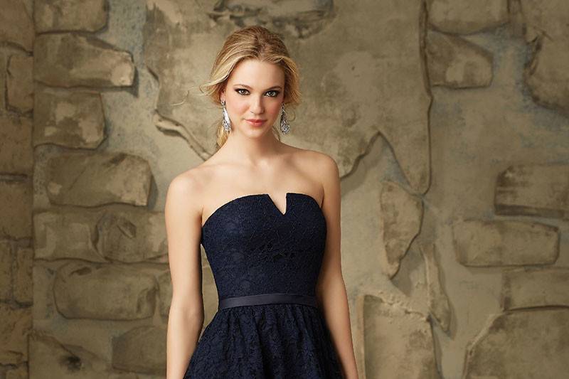 Morilee by Madeline Gardner	Style 31067 <br>	Classic Knee Length All Over Lace Morilee Bridesmaid Dress with Notched Strapless Neckline.  Available in 13 colors.