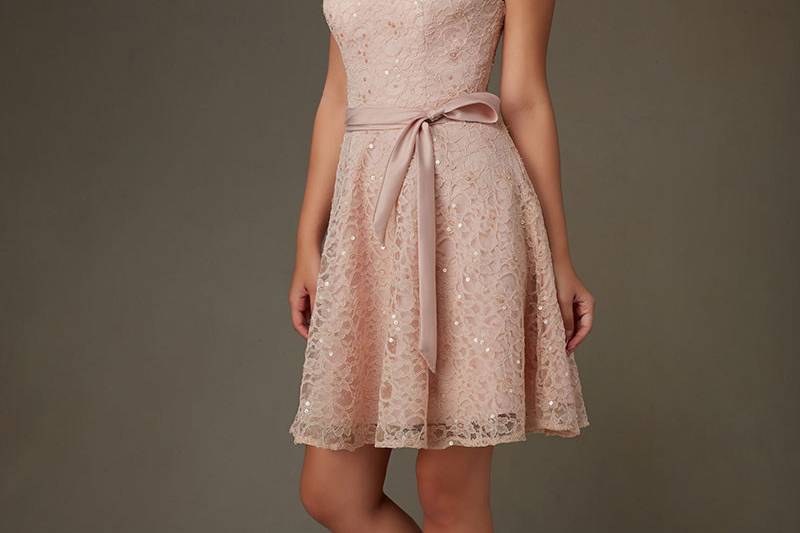 Style 31071	Delicately Beaded All Over Lace Short Morilee Bridesmaid Dress with Spaghetti Straps. Matching Tie/Sash Included. Available in 13 colors.