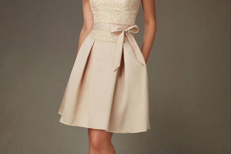 Style 31073	Classic Beaded Lace Bodice and Satin Morilee Bridesmaid Dress with Matching Satin Tie Sash. Available in 13 colors.