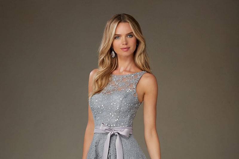 Style 31076	Delicately Beaded Lace Morilee Short Bridesmaid Dress with Illusion Neckline and Matching Tie Sash. Available in 13 colors.