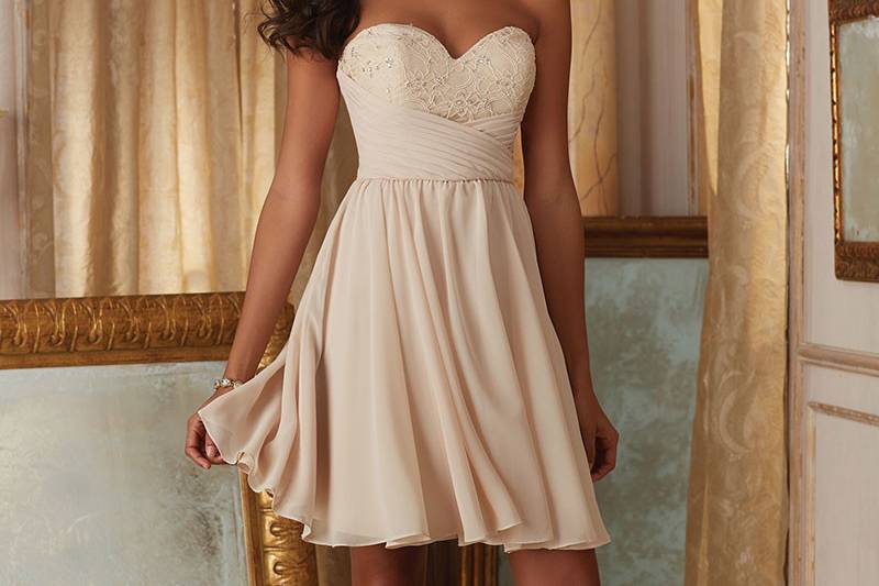 Style 31085	Morilee Beaded Lace and Ruched Sweetheart Neckline Bodice and Chiffon Short Knee Length Bridesmaid Dress. Available in 13 colors.