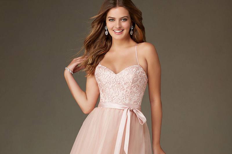 Style 131	Tulle Short with Embroidery and Beading V Neck Bodice with Satin Waistband Morilee Bridesmaid Dress. V Back. Available in 11 colors.