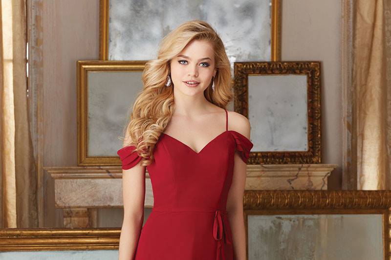 Style 141	Morilee Flowy Chiffon Bridesmaid Dress with Draped Off the Shoulder or Cold Shoulder Cap Sleeves, matching tie sash included. Available in 34 colors.