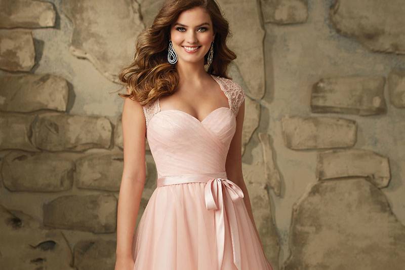 Style 115	Lace and Tulle Short Morilee Bridesmaid Dress with Cap Sleeves and Keyhole Back. Available in 11 colors. Matching Satin Tie/Sash Included.