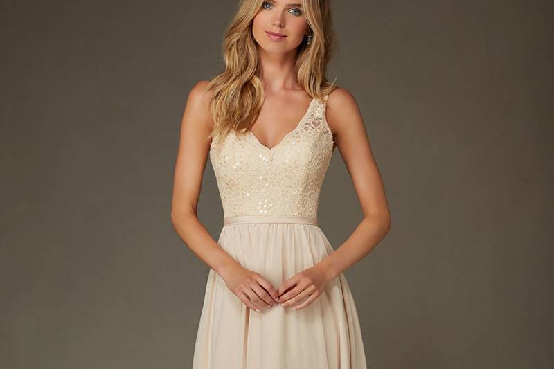 Style 122	Romantic Beaded Lace V Neck Bodice with Chiffon Bridesmaid Dress Designed by Madeline Gardner. V Back. Shown in Champagne. Available in 13 colors.