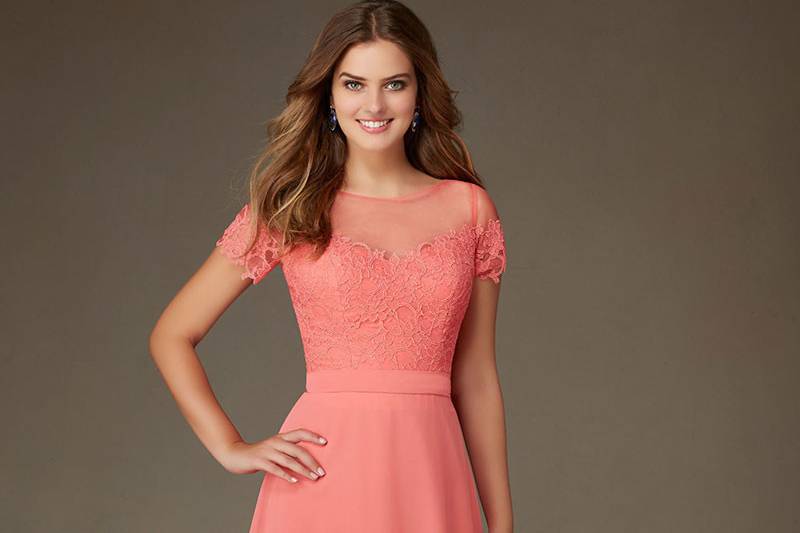Style 124	Lace and Chiffon Illusion Neckline Bridesmaid Dress with Short Sleeves Designed by Madeline Gardner. Shown in Coral. Available in 13 colors.