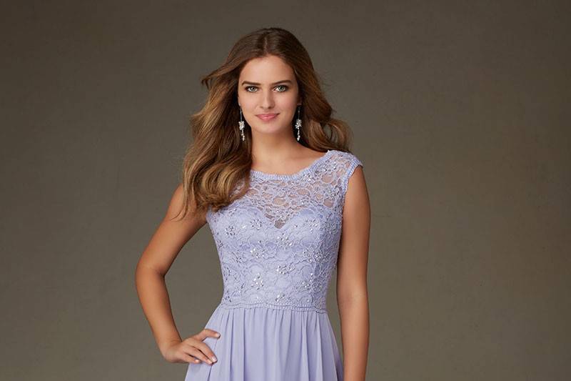 Style 125	Modern Beaded Lace with Chiffon Bridesmaid Dress Designed by Madeline Gardner. Cap sleeves with a V Back. Shown in Violet. Available in 13 colors.