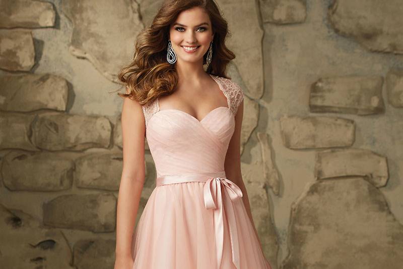 Style 115		Lace and Tulle Short Morilee Bridesmaid Dress with Cap Sleeves and Keyhole Back.  Available in 11 colors.  Matching Satin Tie/Sash Included.