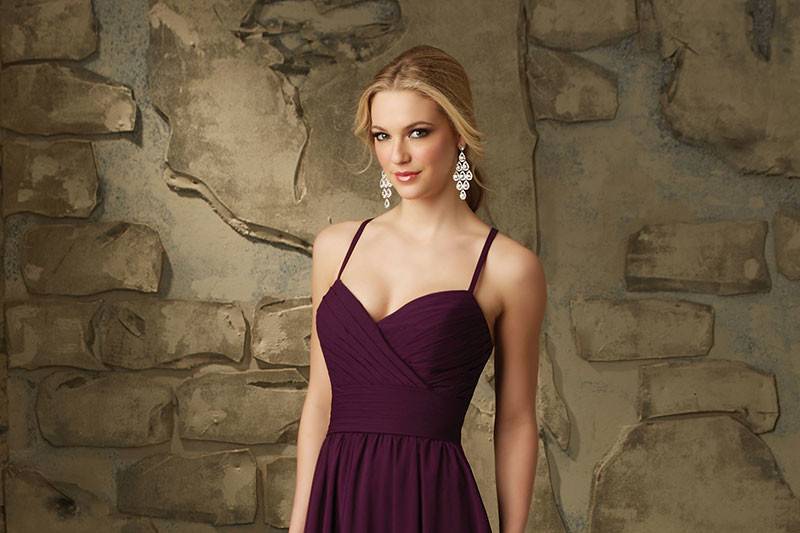 Style 20464		Full Length Luxe Chiffon Bridesmaid Dress with Ruffled V-Neckline and skirt, Designed by Madeline Gardner. Halter style.  Matching Tie Sash. Zipper Back. Available in 15 colors.