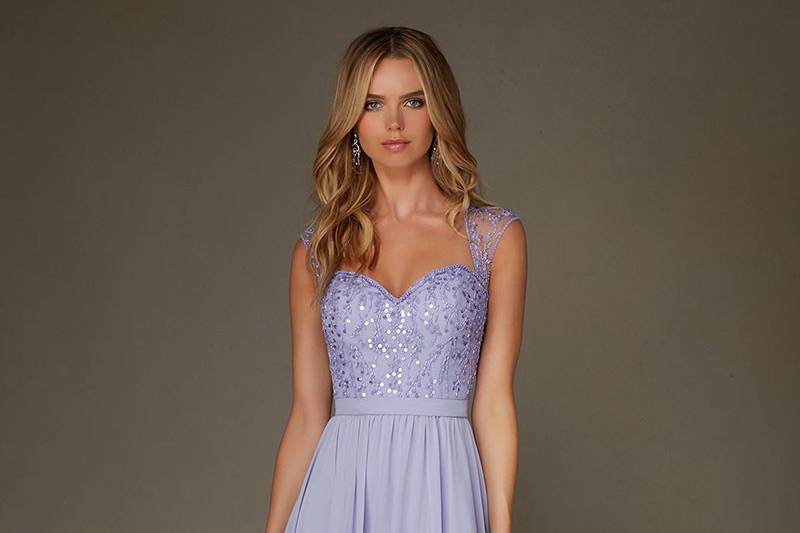 Style 20473		Long Chiffon with Beading Morilee Bridesmaid Dress with Illusion Cap Sleeves and Open Key Hole Back.  Available in 13 colors.