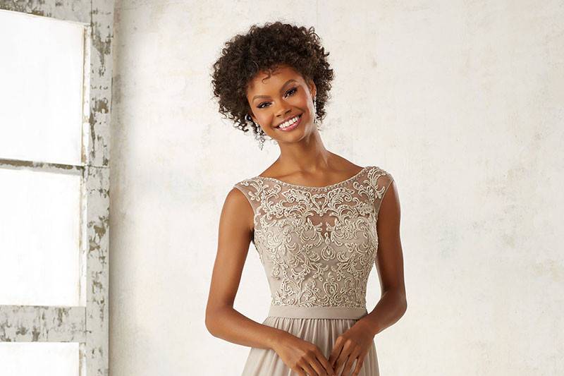 Style 21522		Ornate Embroidery and Beading Accentents the Illusion Bodice on This Elegeant Chiffon Bridesmaids Dress. Open V Back with Zipper Closure. Shown in Latte. Available in 15 colors.