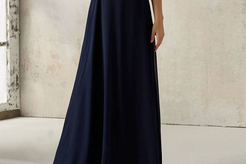 Style 21526		Delicate Beading Beautifully Accentuates the Lace Bodice on this A-Line Chiffon Bridesmaids Dress. Zipper Back. Shown in Navy. Available in 13 colors.