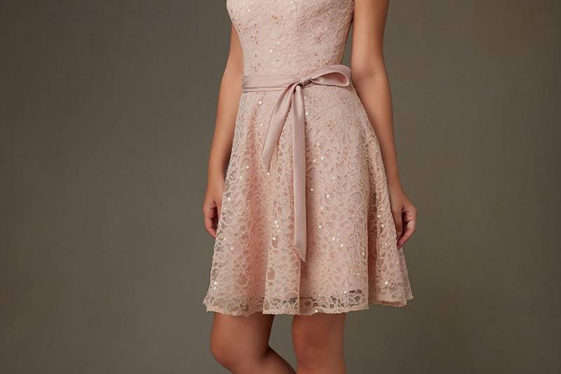 Style 31071		Delicately Beaded All Over Lace Short Morilee Bridesmaid Dress with Spaghetti Straps.  Matching Tie/Sash Included.  Available in 13 colors.