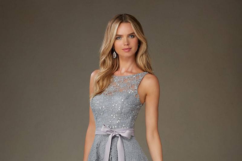 Style 31076	<br>	Delicately Beaded Lace Morilee Short Bridesmaid Dress with Illusion Neckline and Matching Tie Sash.  Available in 13 colors.