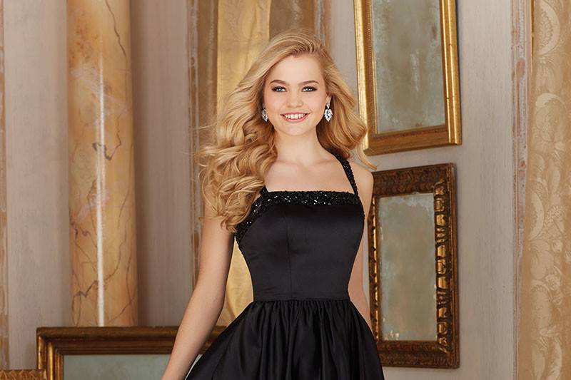 Style 31081	<br>	Morilee Satin Bodice with Beading Outlines the Square Neckline on this Bridesmaid Tea Legnth Dress.  Available in 13 colors.