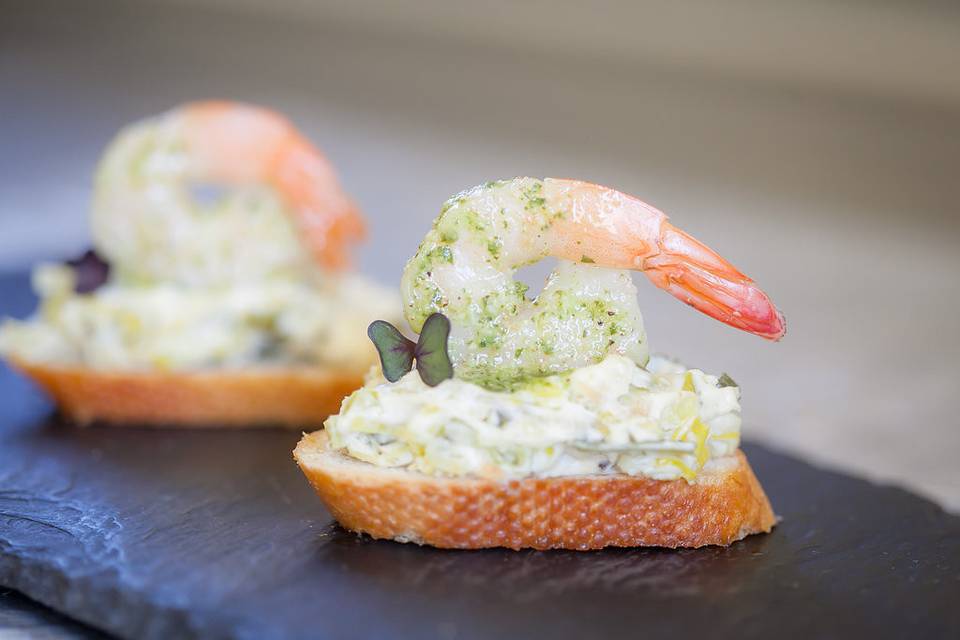 Creamy leek and basil pesto shrimp bruschetta