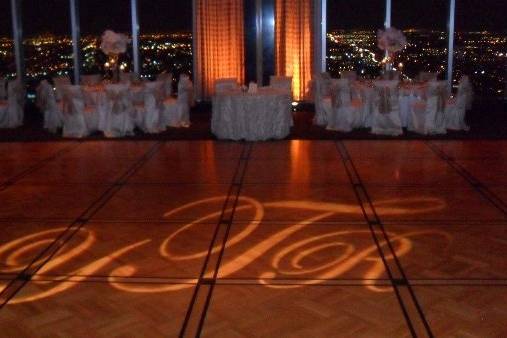Dance floor monogram/GOBO at the Petroleum Club, Houston, TX