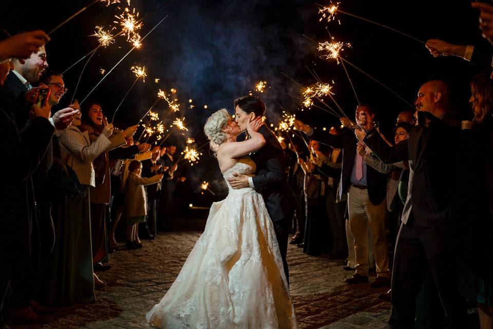 Brides Kiss Sparkler Exit