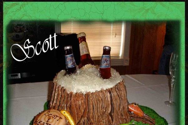 Tree stump cake with sugar bottles and cracked sugar on the top.  Sugar 