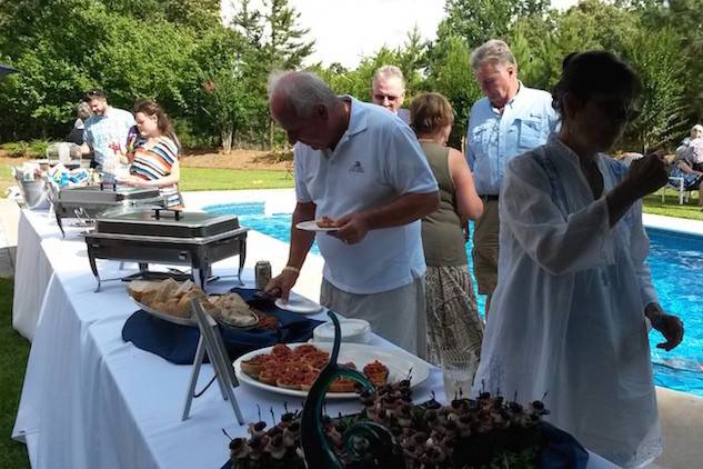 At an outdoor wedding reception, August, 2015