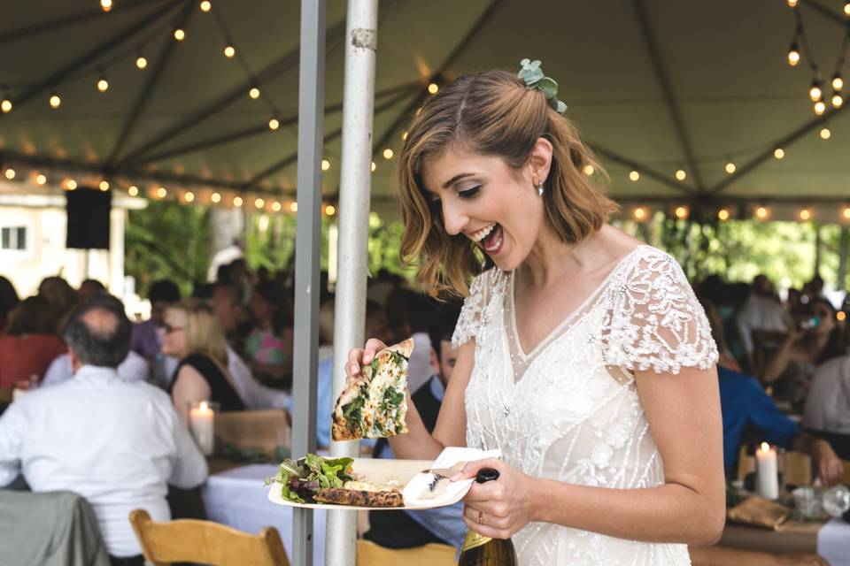 Bride is happy with the food