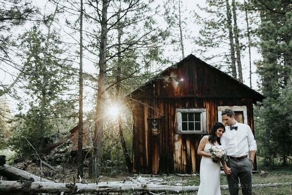 Wedding couple at gold miner's cabin