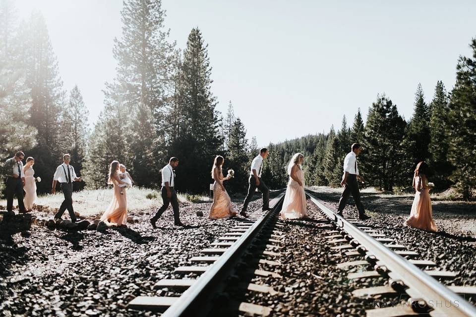 Wedding party crossing train tracks at twenty mile house reno tahoe