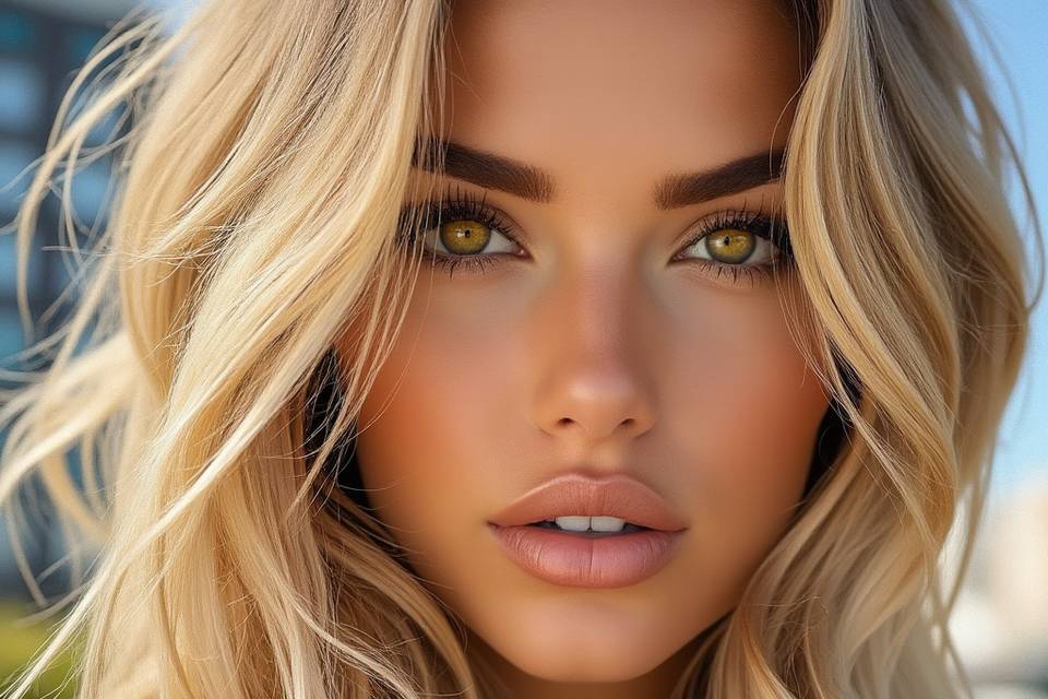 Spray tan glow blonde close-up