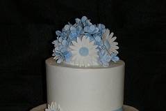 Two tiered wedding cake with buttercream icing.  Handmade gumpaste daisy flowers as cake topper and decorations.