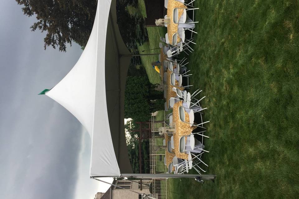 Tent, tables, chairs and linens