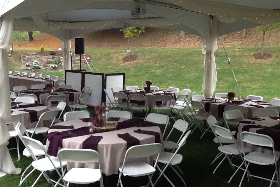 Our tents draped with lighting along with linens, runners and centerpieces