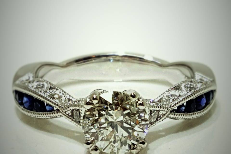 Custom Creation: Vintage Inspired Engagement RingOld Mine Cut Round Diamond Center with Natural Blue Sapphire Accents