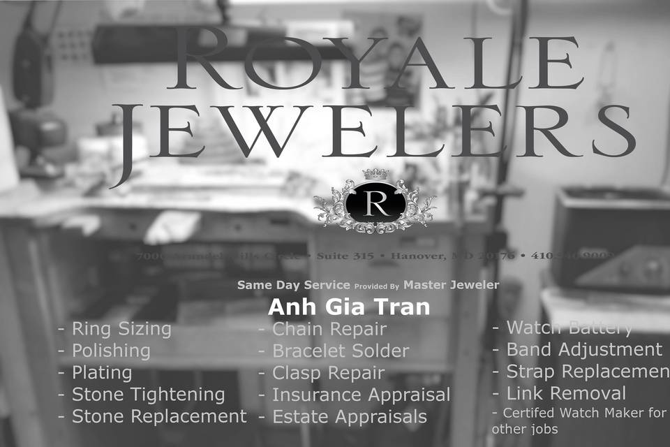 Our Master Jeweler is on duty 6 days a week. Same day service is available: Ring Sizing, Ring refinishing, Stone tightening, Stone Setting, Chain and bracelet repair. Watch repairs: Battery Replacement, Link Removal, watch refurbishing.