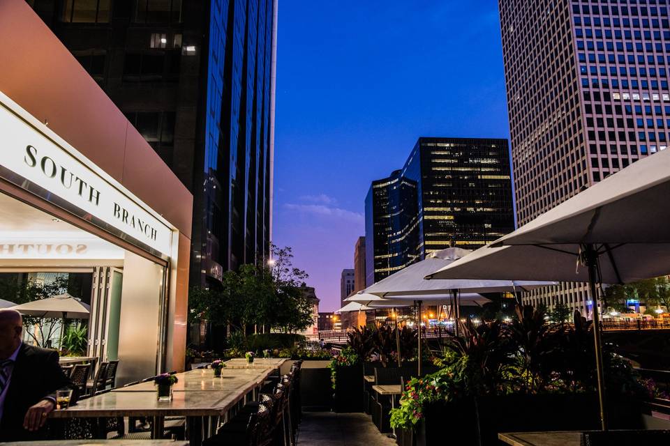 Outdoor patio with a view