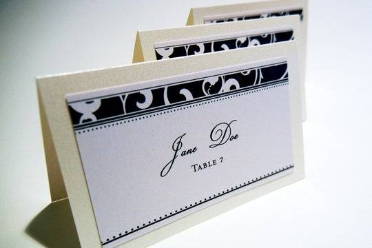 Escort CardsPrinted on Smooth Metallic Cardstock mounted on Metallic Linen Tent Cards